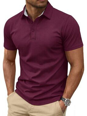 Men's Wine Red Cotton Pique Polo Shirt Short Sleeve 3 Button Classic Fit Golf
